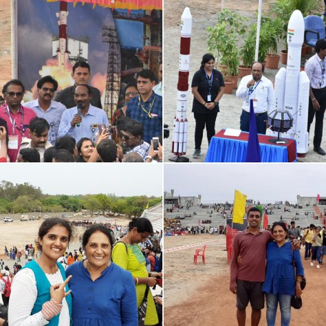 From top right clockwise: 1: ISRO Chairman Mr.K.Sivan addressing the crowd, 2.Mr.Ranganathan, project director for Chandrayaan stage 1; 3: My brother and mom in the crowd; 4: Mom and myself after the launch